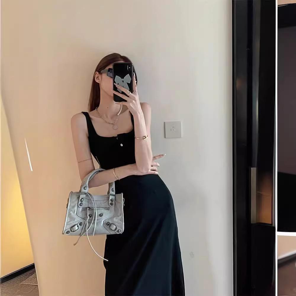 

Black inner suspender dress women s summer pure desire little mother skirt texture advanced sense a word long dress sleeveless skirt S чёрный