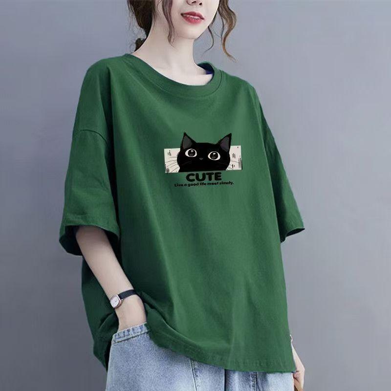 Cotton Short Sleeve T-shirt Women Loose Fashion Medium Sleeve Tops Summer Vintage T-Shirt