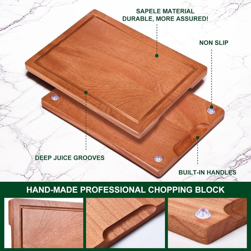 Set of 4 Non-Toxic Solid Sapele Wood Cutting Boards with Holder and Juice Grooves for Kitchen