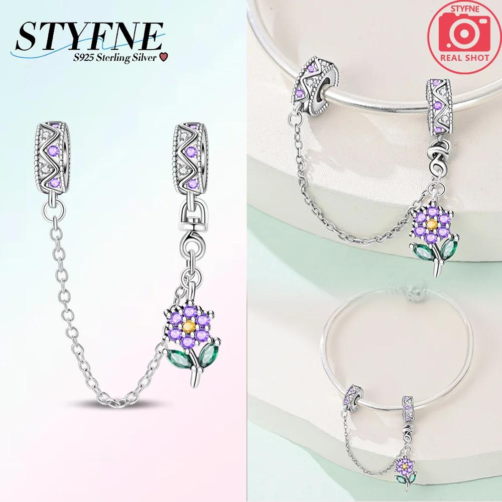 Genuine Copper Pink Flower Purple Butterfly Fixed Chain Star Moon Heart Pendants Beads Bracelets Women Gifts Jewellery Accessory