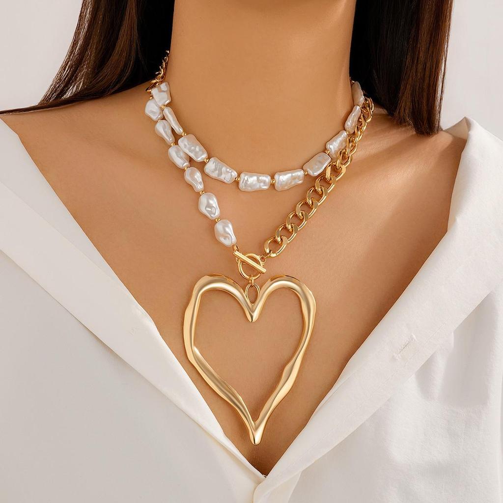 Baroque Style Double-Layer Big Heart Necklace with Metal Chain and Faux Pearls