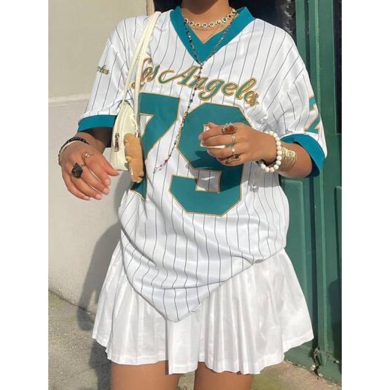 GlowGir Summer New Los Angeles 79 Print Stripe T-shirt for Women V-Neck Short Sleeve Tees Sports Football Jersey Y2K Loose Oversized Top