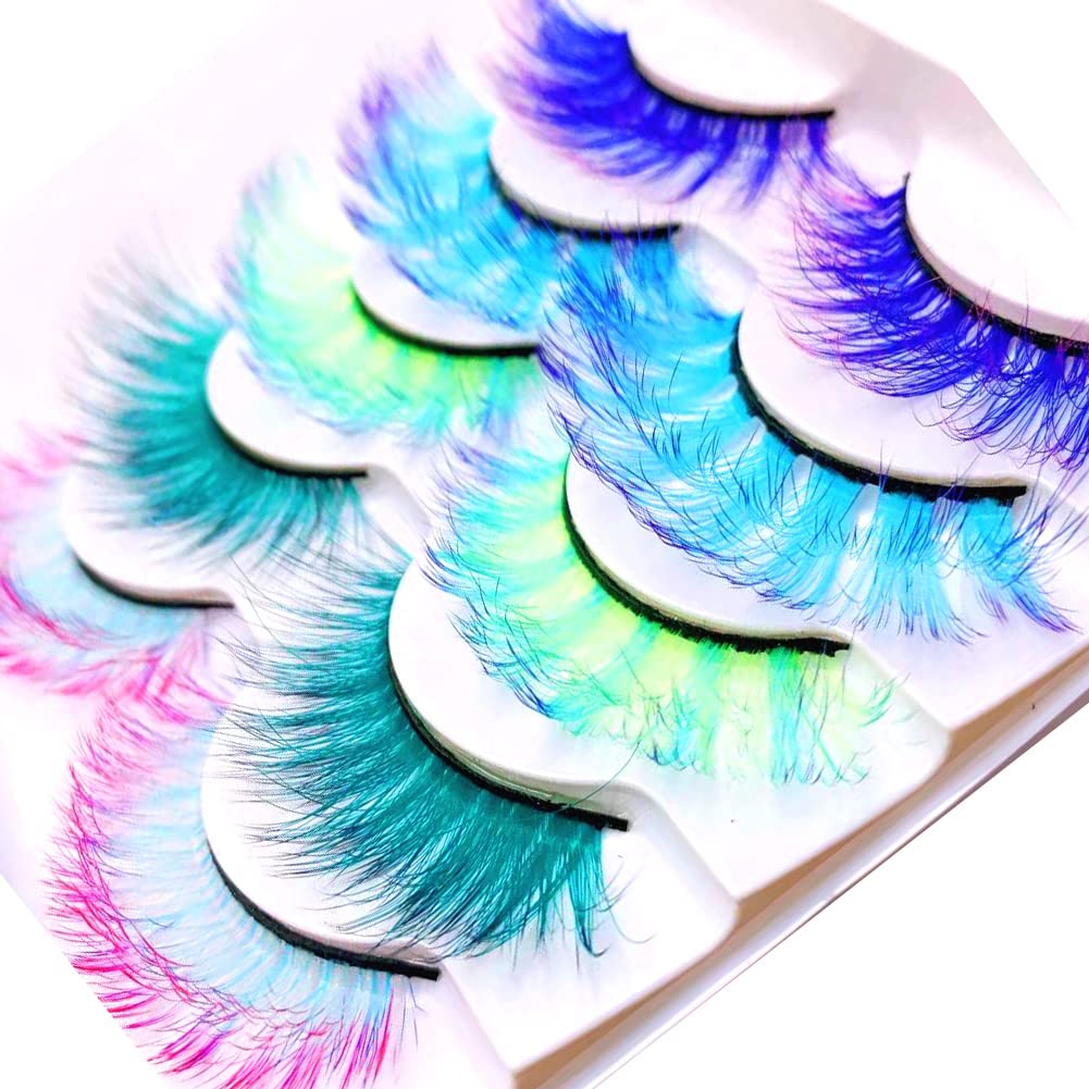 Sunniess Ombre Colored Lashes Silk Protein Fluffy Wispy Volume Fake Lashes for Halloweens Cosplay Party Stage Russian D Curl Lashes with Color Make