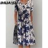 IHUASU 30 Color Pleated Midi Dress Short Sleeve Round Neck Loose Hem Mid-Calf Length Women Floral A-Line Party Dress Casual Wear