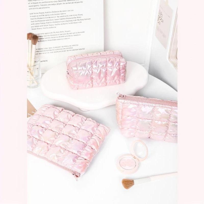 Iridescent Pink Puffy Makeup Bag With Bubble Grid Design Large Capacity For Travel Daily Cosmetic Storage