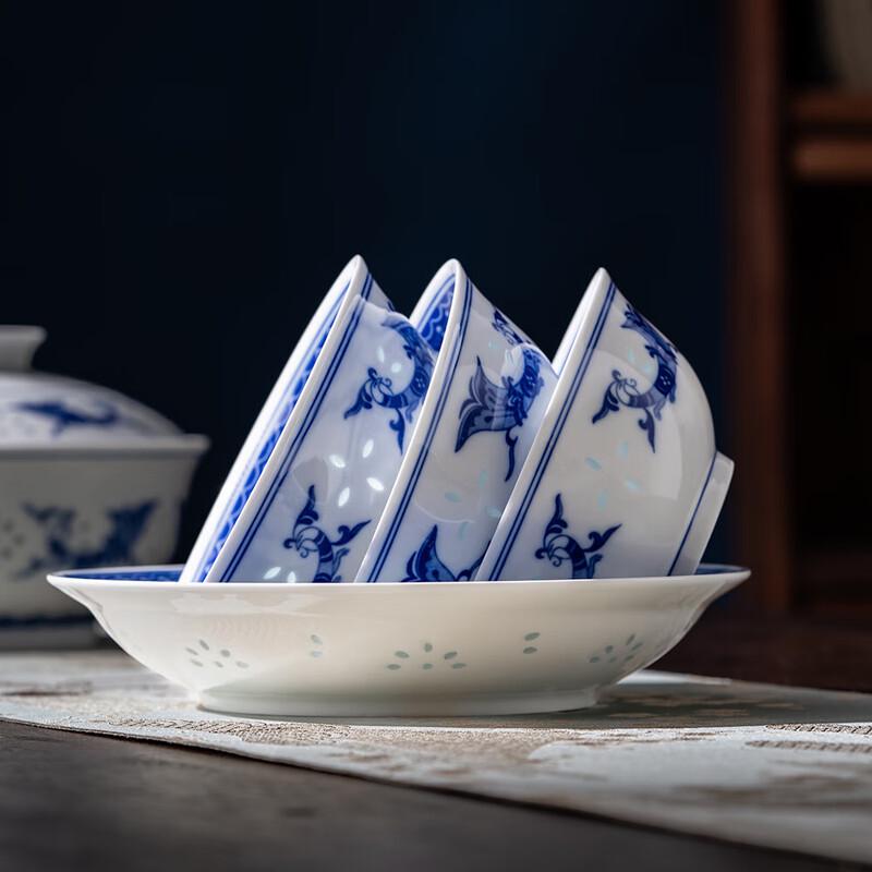 Jingdezhen Peacock Blue & White Linglong Ceramic Dinnerware Set