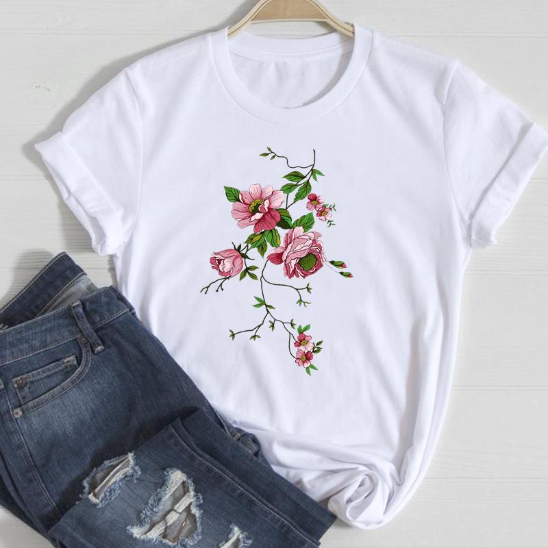 (European Size)90s Fashion Tee Clothing Casual Top Flower Lovely Trend T Shirt Short Sleeve Women Print Lady Female Graphic T-shirt