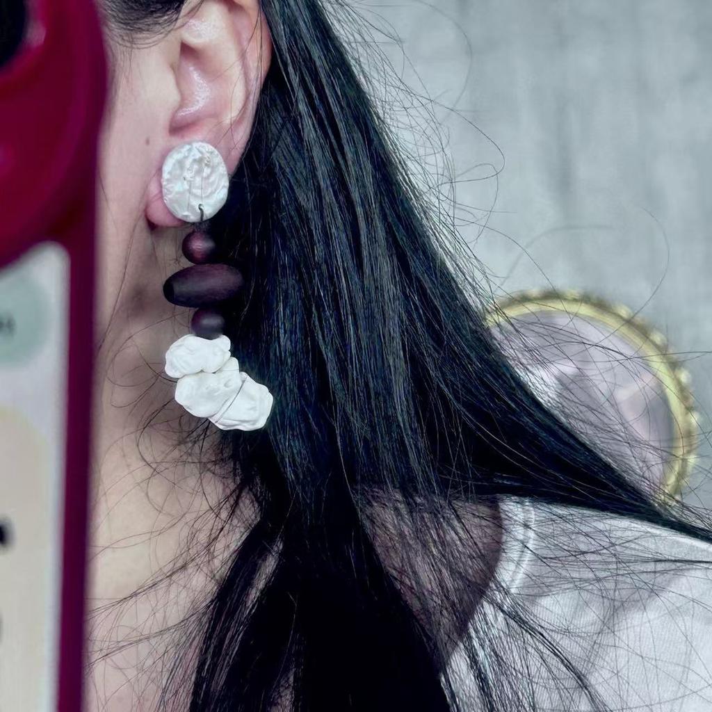 Wind Retro Earrings, Natural Baroque Handmade Earrings, Bone Wood Splicing Design Niche Earrings