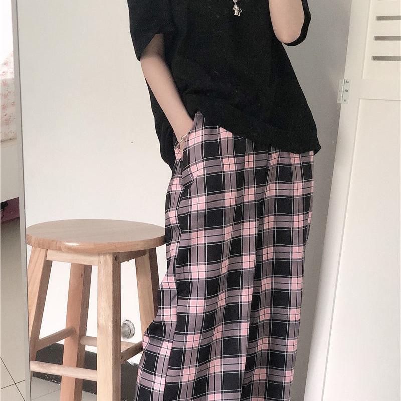 Harajuku Plaid Wide Leg Pants Women Streetwear Oversized Baggy Sweatpants Vintage High Waist Casual Joggers Black Trousers