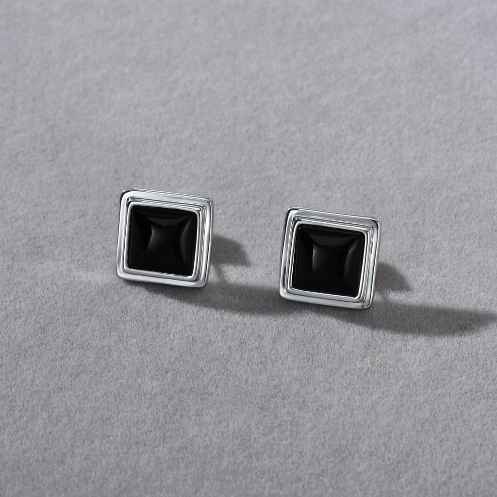 Retro Miedziane Platerowane 18K Prawdziwym Złotem Wkładane Czarnym Agatem Kolczyki ze Srebra S925 Modne Codzienne Musowe Kolczyki