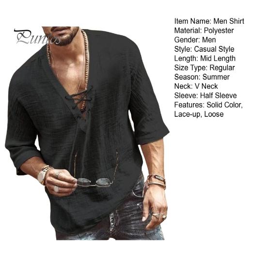 Summer Men Shirt Lace-up V Neck Mid Sleeves Loose Pure Color Pullover Retro Daily Wear Quick Dry Thin Casual Mid Length Top