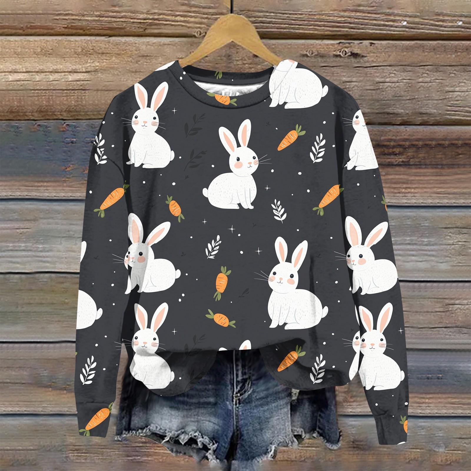 

Женская мода Пасха Печатный Длинный рукав Свободный круглый вырез Толстовка Топ M