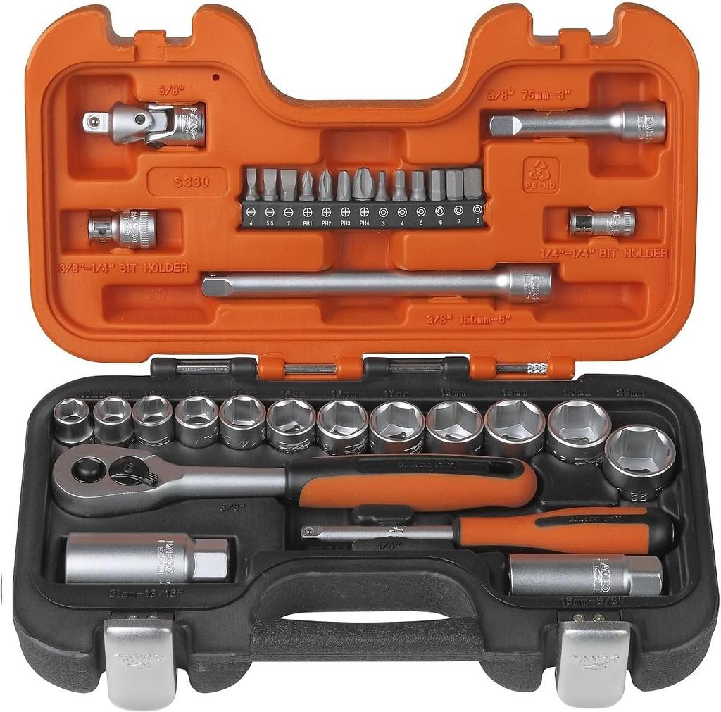Bahco Socket and Spanner Set and 34 1 Set S330, 6.35mm 9.5mm Drive, Pieces,