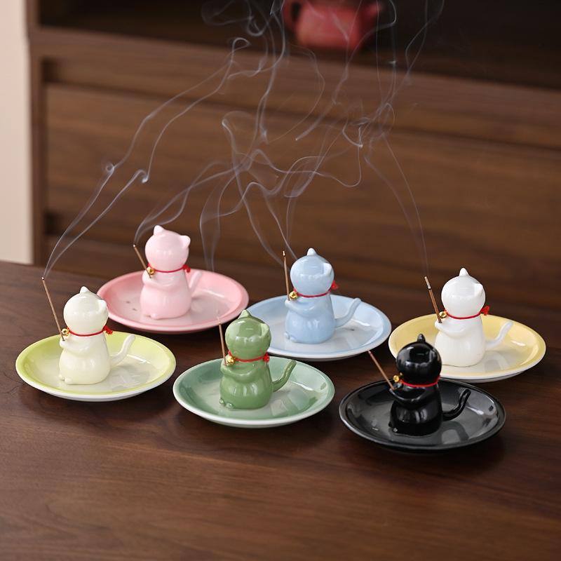 Cute Wishing Cat Ceramic Incense Burner Decoration Indoor Line Incense Holder for Tea Table | Temples Yoga Studios Home Decor