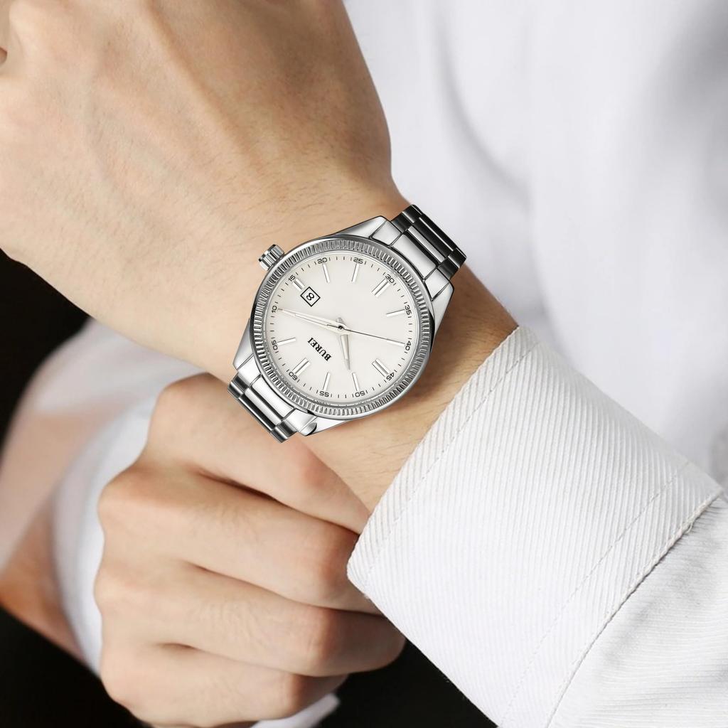 BUREI Analog Quartz Simple Date Stainless Popular Day Luxury Watch Men's Watch, Design, Display, Waterproof, Easy-to-Read Steel, Brand, Silver,