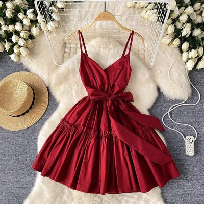 Summer Women's Suspenders Waist Tie Strap Hem Short Dresses