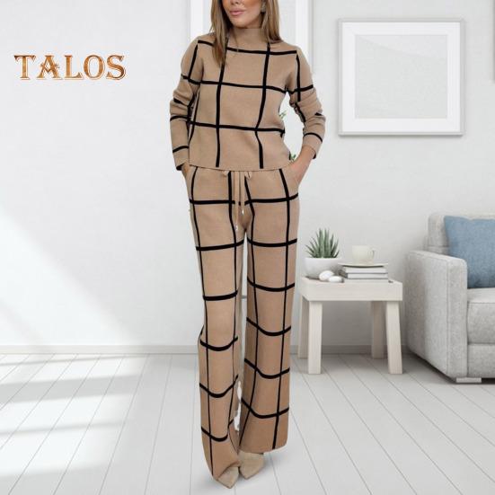 2 pezzi/set pantaloni da donna, top e pantaloni, colletto alto, stampa scozzese, maniche lunghe, camicetta ampia, pantaloni larghi a vita alta elastici con tasche, OL