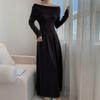 Koreanisches Strickkleid mit Carmen-Ausschnitt für Damen, Herbst, neu, Patchwork, langärmelig, Mode, einfarbig, Party-Langkleid, Winter
