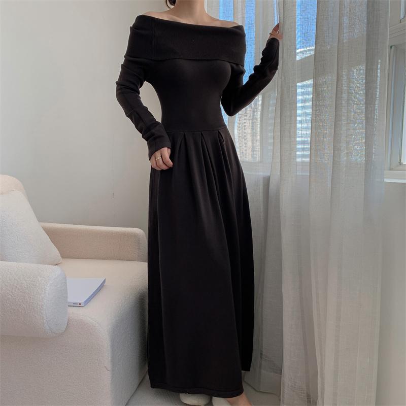 Koreanisches Strickkleid mit Carmen-Ausschnitt für Damen, Herbst, neu, Patchwork, langärmelig, Mode, einfarbig, Party-Langkleid, Winter