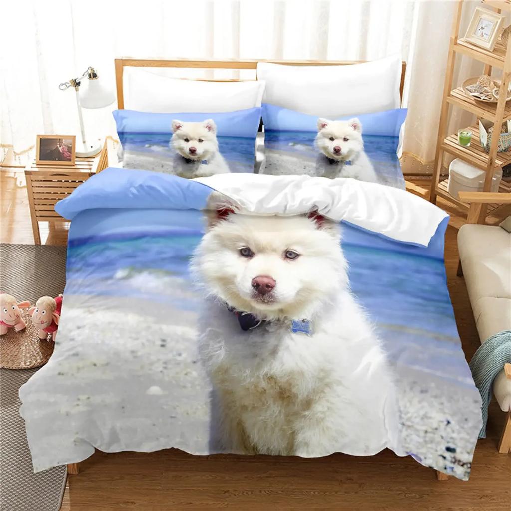 Samojedhund Påslakan King Queen Size Härligt Leende Husdjur Valp Sängkläder Set Vuxna Kvinnor Söt Vit Djur Polyester Täcke