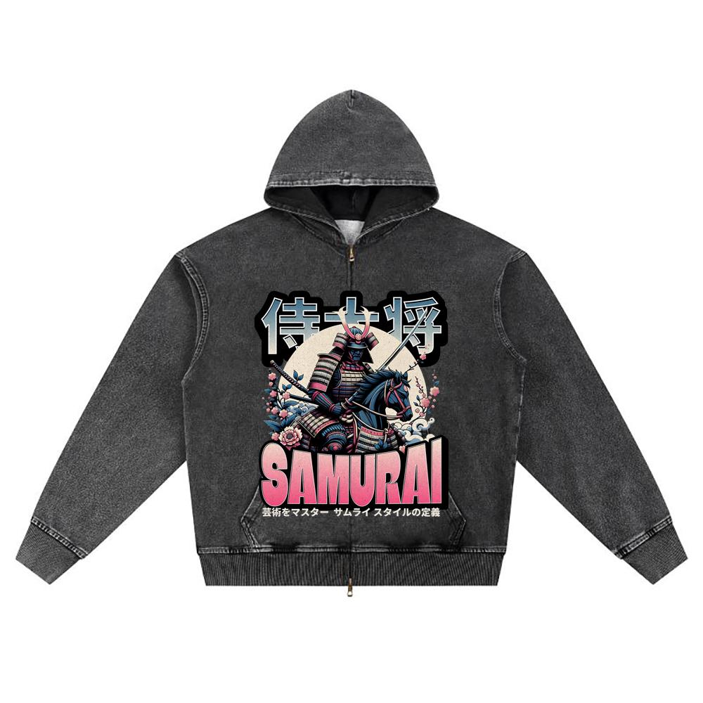 DTG print Knitted Denim Zip-Up Hoodie Japan Samurai Brother Print Zipper Hoodies  