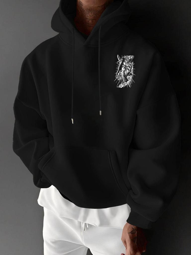 Vintage black line sketch weird hand totem artwork printed men hip hop sports hoodie casual drop shoulder long sleeve hooded top