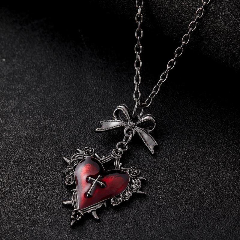 Gothic Y2K Thorn Rose Bow Heart Pendant Necklace Women's Retro Vampire Accessories Witch Party Jewelry Gift Choker