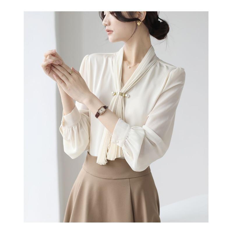 Spring and Autumn New Style French Gentle Commuting Retro Niche Streamer Long-sleeved Shirt for Women