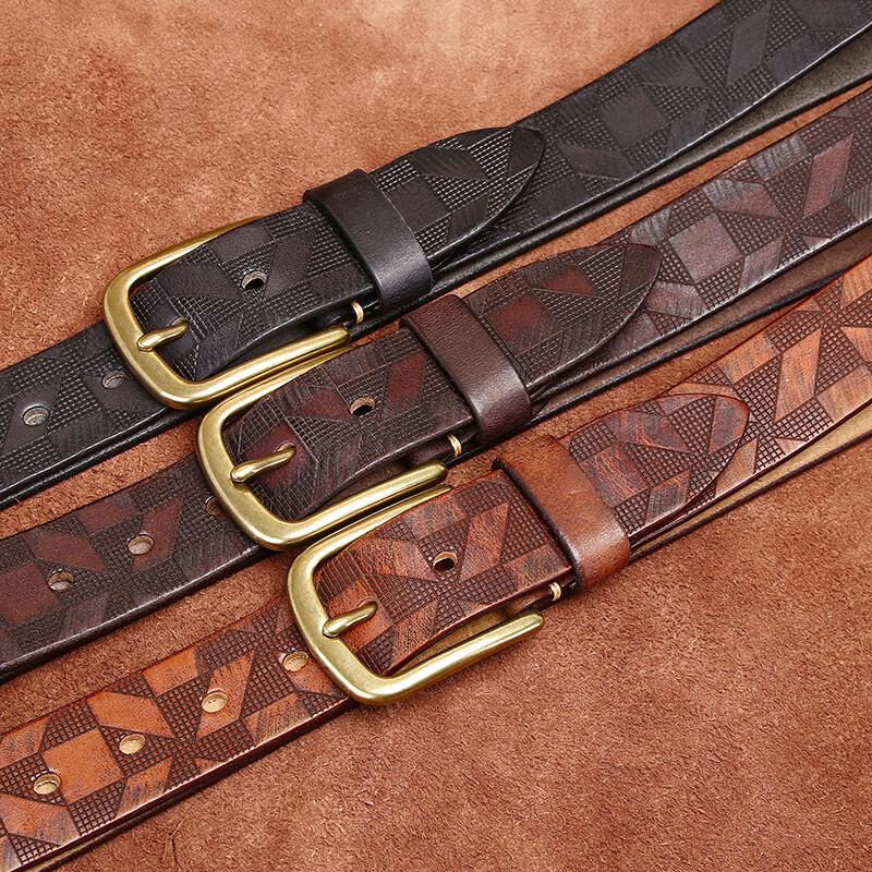 Belt Men's Diamond Laser Engraving Embossed First Layer Cowhide Leather Personality Trend Niche Casual Pin Buckle Belt