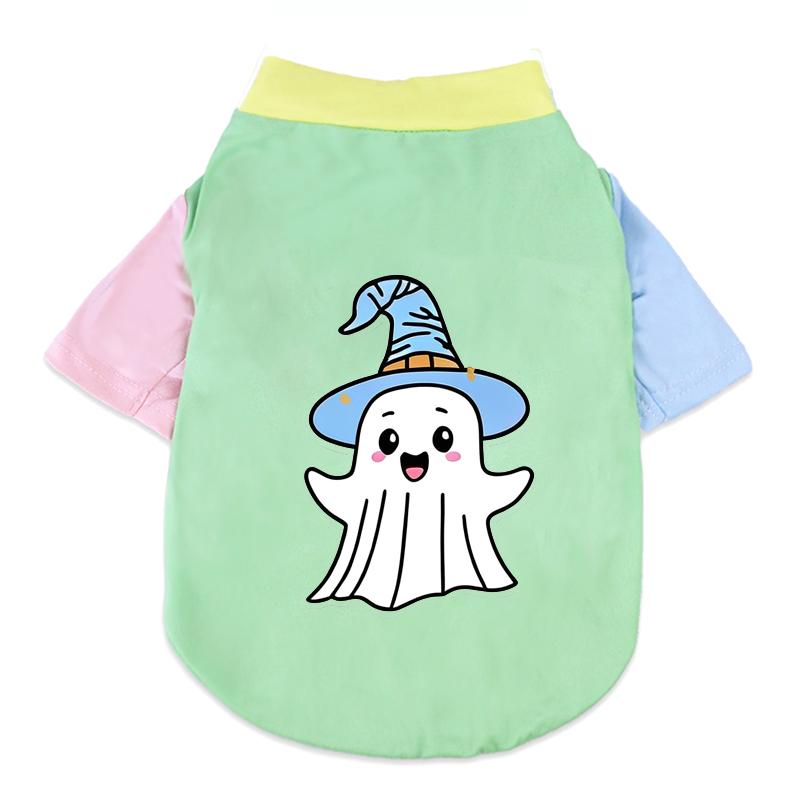 Halloween Cute Ghost Print Pet T‑Shirt Cats & Dogs Soft Cotton Clothes Outfit For Bichon French Bulldog Holiday Party Costume