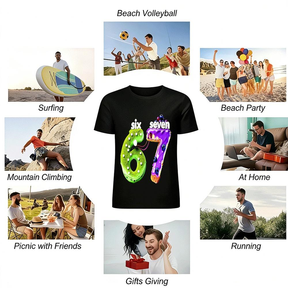Cute Number 67 Cake Print Casual Short Sleeve Top For Adults Kids Pure Cotton T-shirt