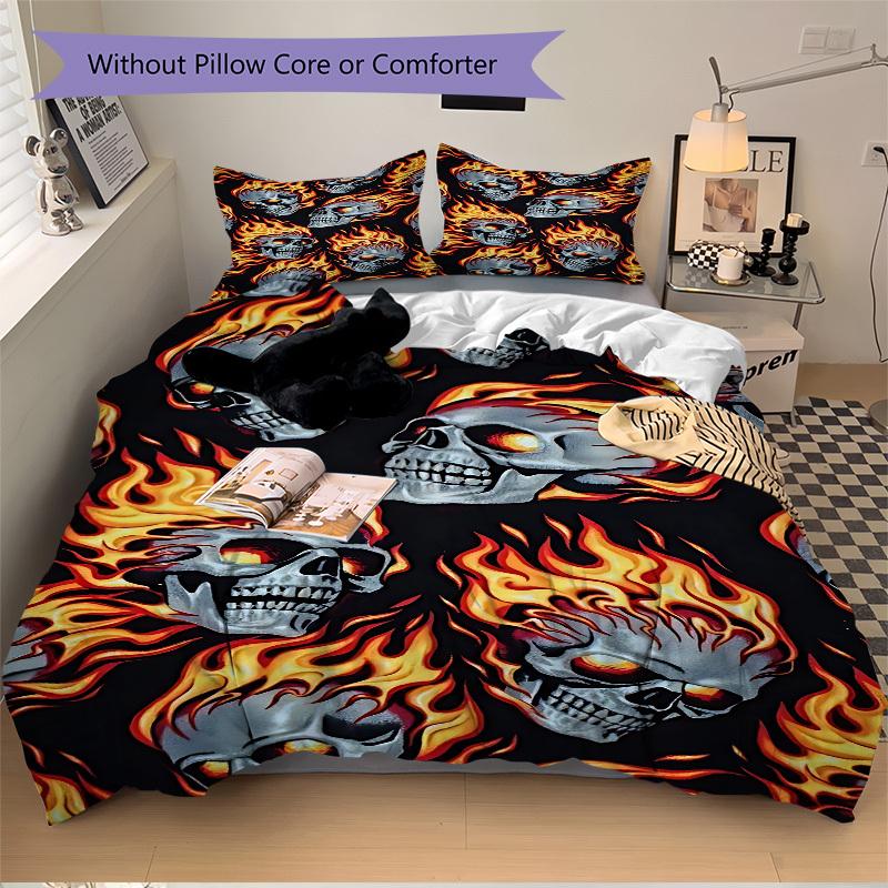 3pcs Bedding Set Flaming Skulls Includes 1 Comforter + 2 Pillowcases, Without Pillow Inserts, Soft Comfortable, Lightweight Breathable136