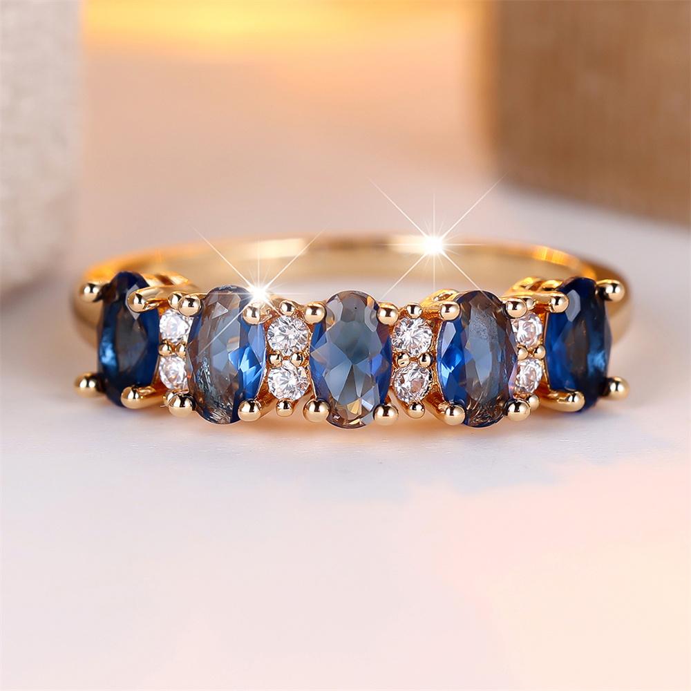 Single Row Blue Crystal Cute Oval Stone Rings For Women Vintage Gold Color Engagement Wedding Bridal Birthday Gifts