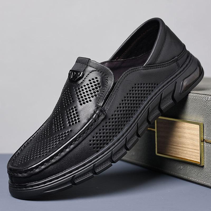 Hollow Leather Shoes Men's Summer Breathable Men's Shoes Business Leather Casual Shoes Round Head Middle-aged Men One-pedal Shoes Men