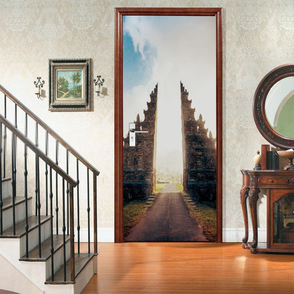 3D Door Mural Sticker Peel and Stick Door Wallpaper Golden Buddha Castle Moon Mermaid Flower Home Decor Removable