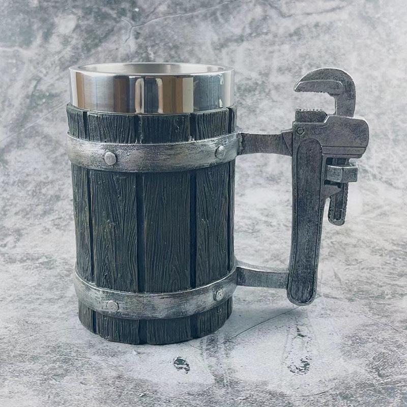 Handcrafted Wooden-Style Barrel Beer Mug with Stainless Steel Lining – Large Capacity