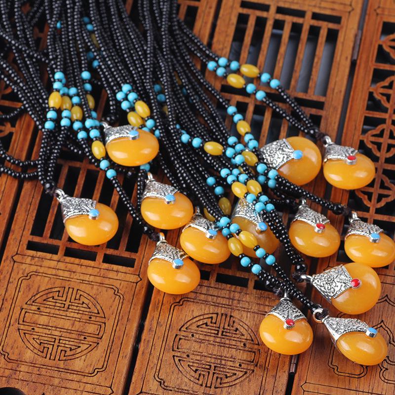 Ethnic Beaded Sweater Chain with Amber Pendant - Bingbing Style Necklace