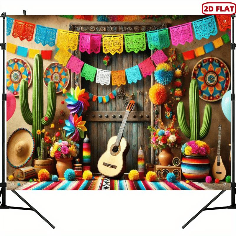 Plan 2D une pièce présentant un fond en tissu du carnaval mexicain chapeau à larges bords et décorations de fête piñata