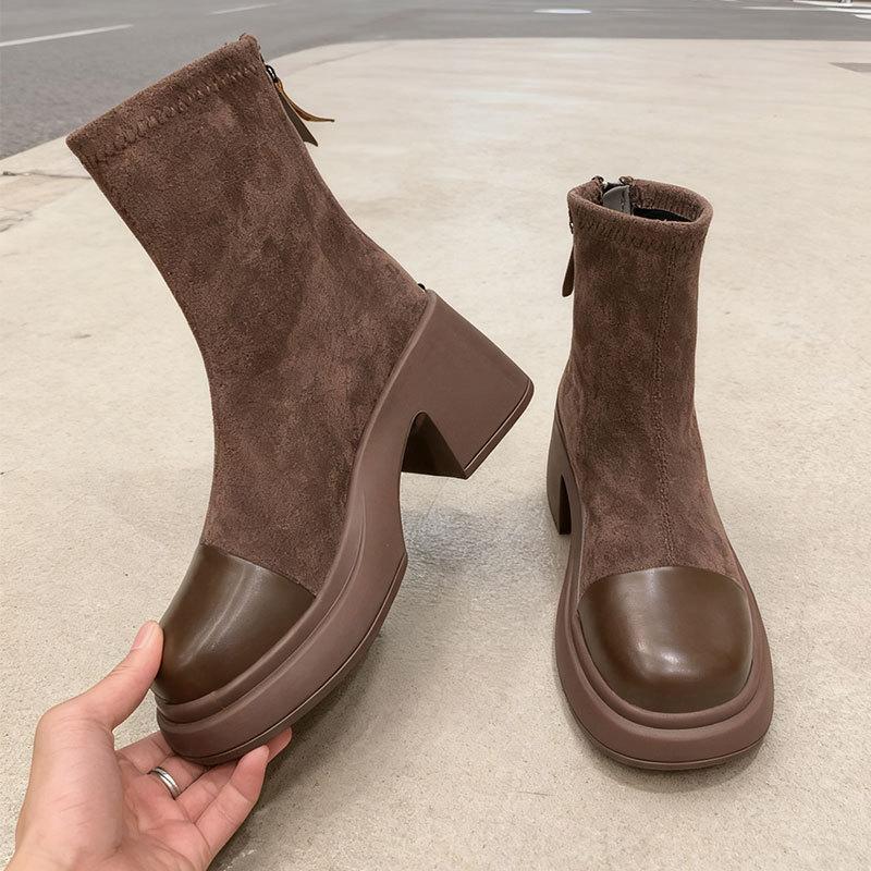 European spring and autumn high-heeled short boots for women's new small men show height, autumn and winter thin with skirts, thick-soled Martin boots