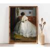 Vintage European Portrait of a Reading Lady Art Print Retro Aesthetic Woman in Beautiful Light Dress Canvas Painting Home Decor