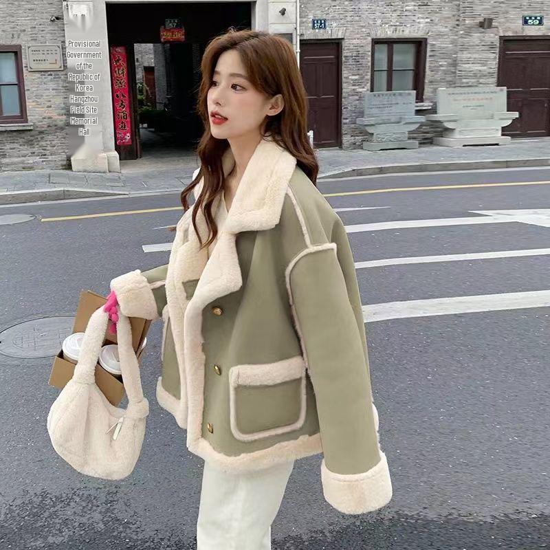 Women's 2025 Autumn Korean Style Lambswool Biker Jacket - Faux Suede, Fleece-lined, Thickened, Loose Fit