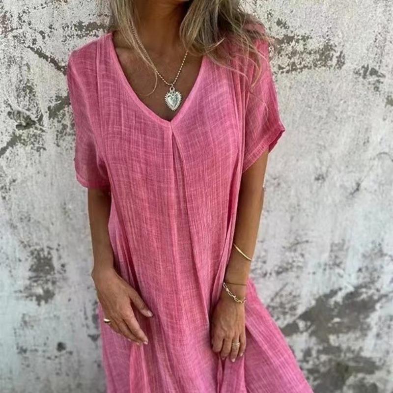 Summer New Women's Fashion Cotton and Hemp V-neck Dress for Women