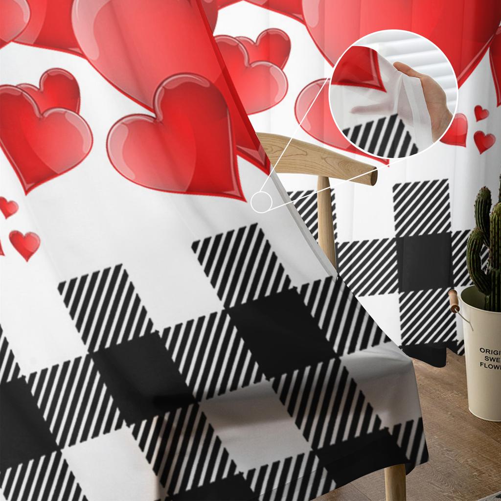 Czerwone serce miłości czarno-białe kratki tiulowe zasłony do salonu sypialni wystrój domu szyfonowa przezroczysta zasłona kuchenna
