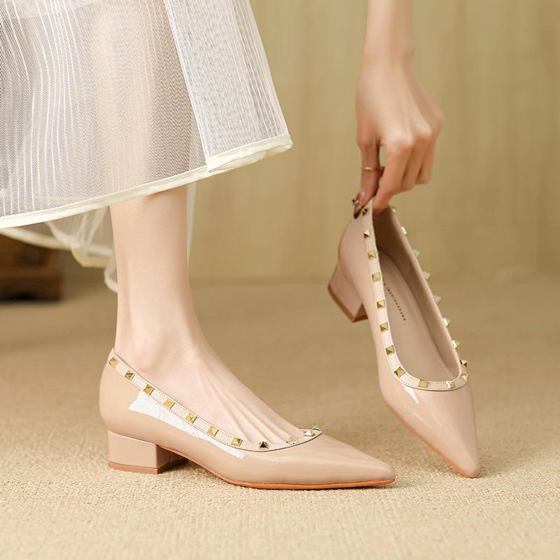230 new pointed flat-soled single shoes patent leather light mouth thick heel rivets temperament low heel signature women's single shoes women