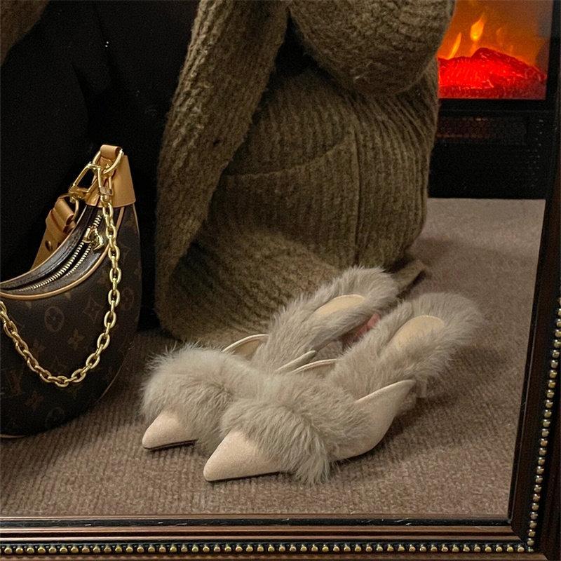 Женские остроносые пушистые туфли на высоком каблуке весенне-летние для светского выхода с сумкой полутапочки 39 абрикосовый 3190₽