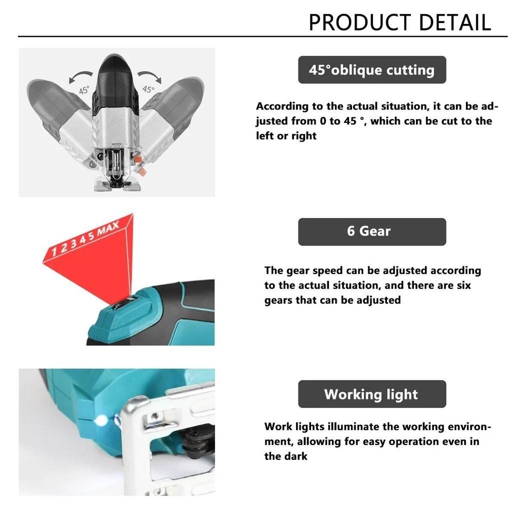 6 Gear Adjustment Cordless Electric Jigsaw Household Portable Curved Saw Multi-Function Woodworking Power Tool Blue