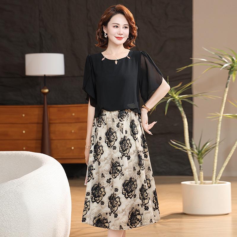 

Summer 2026 Floral Chiffon Dress for Middle-Aged Women 3XL (recommended 115-130 jin) чёрный