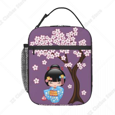 Kokeshi Doll Portable Lunch Boxes Women Multifunction Japanese Sakura Cherry Blossom Thermal Cooler Food Insulated Lunch Bag