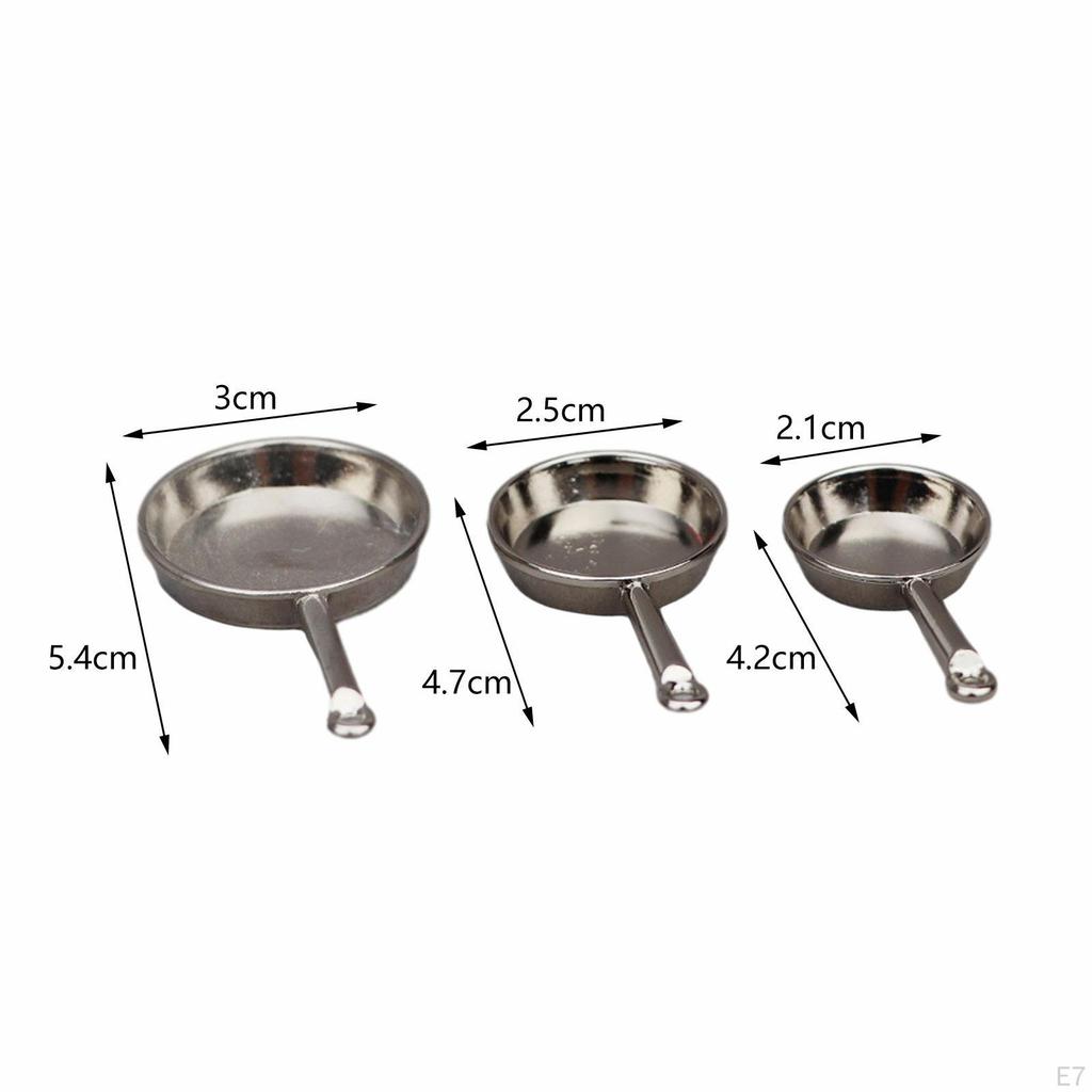 3 Pieces Dollhouse Cookware Set Miniature Metal Frying Pans 1/12 Scale for Kitchen