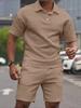 Men's Light Green Short Sleeve Polo Shirt and Shorts Set Casual Knit Texture Two Piece Outfit
